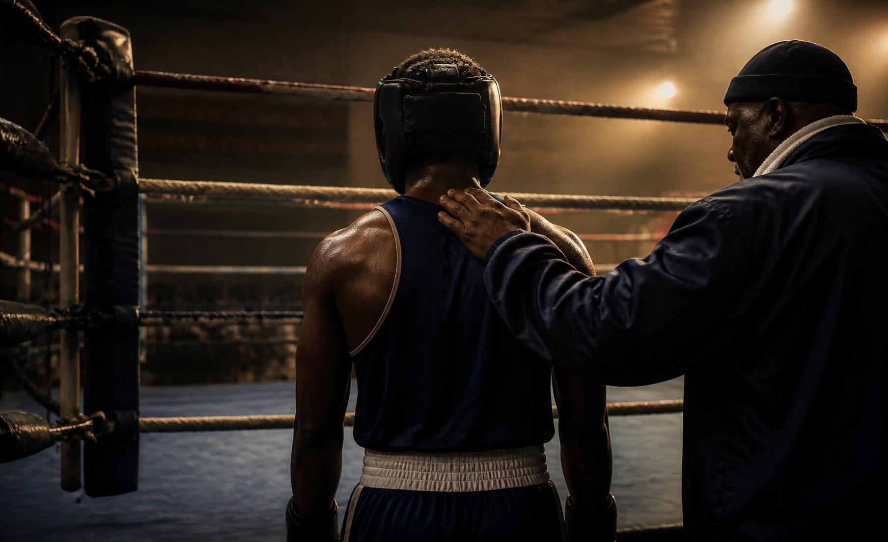 A boxer stands at the edge of the ring, the coach's hand on their shoulder, in a quiet moment before the bell.