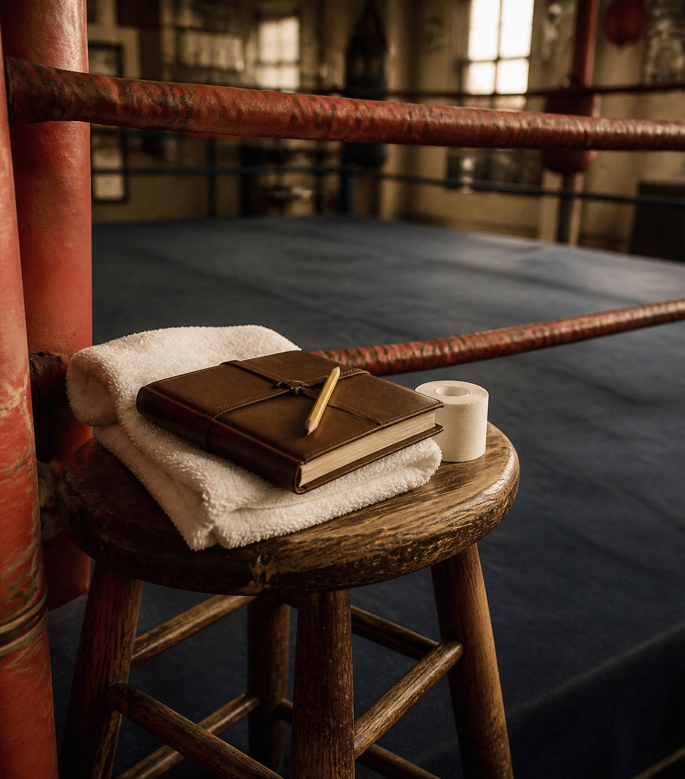 A wooden corner stool with a folded towel, a leather notebook and athletic tape beside worn red ring ropes.
